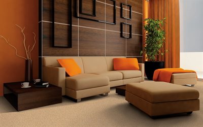 elegante sala de estar, dise&#241;o interior moderno, sof&#225; de cuero marr&#243;n, paneles de madera en la pared, interiores elegantes