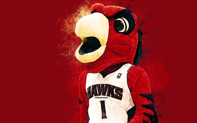Harry The Hawk, official mascot, Atlanta Hawks, 4k, art, NBA, USA, grunge art, symbol, red background, paint art, National Basketball Association, NBA mascots, Atlanta Hawks mascot, basketball
