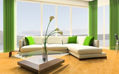 غرفة المعيشة, أنيقة الأخضر الداخلية, التصميم الحديث, مربع الجدول الزجاج, المشروع, أريكة بيضاء
