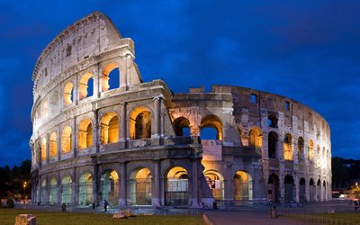 4k, Colosseum, night, Flavian Amphitheatre, italian landmarks, Italy, Colosseum at night, Rome, Europe