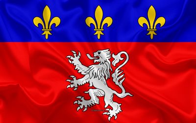 Flag of Lyonnais, 4k, silk texture, Lyonnais Flag, red blue silk flag, coat of arms, French city, Lyonnais, France, symbols