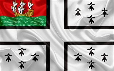 Flag of Nantes, 4k, silk texture, white black silk flag, coat of arms, French city, Nantes, France, symbols