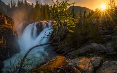 waterfall, sunset, evening, forest, mountain landscape, Norway