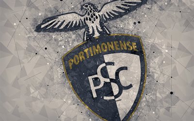 Portimonense SC, 4k, geometriska art, logotyp, Portugisiska football club, emblem, gr&#229; bakgrund, Den F&#246;rsta Ligan, Portimao, Portugal, fotboll, kreativ konst