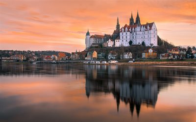Albrechtsburg, Meissen Katedrali, antik kale, akşam, G&#252;n batımı, Meissen, kale, Almanya, tarihi yerler, Almanya Kaleler