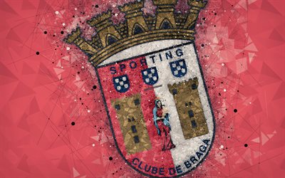 SC Braga, 4k, arte geom&#233;trica, logo, Portuguesa futebol clube, emblema, fundo vermelho, Primeira Liga, Braga, Portugal, futebol, arte criativa, Braga FC