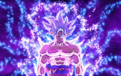 Ultra Instinct de Goku, de violet, de rayons, de son Gok&#251;, 4k, Dragon Ball, bleu puissance, Migatte Pas Gokui), Ma&#238;tris&#233; Ultra Instinct, Dragon Ball Super, Super Saiyan Dieu, DBS