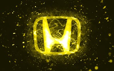 Honda yellow logo, 4k, yellow neon lights, creative, yellow abstract background, Honda logo, cars brands, Honda