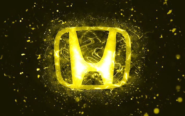 Honda logotipo amarelo, 4k, luzes de neon amarelas, fundo criativo, amarelo abstrato, logotipo Honda, marcas de carros, Honda