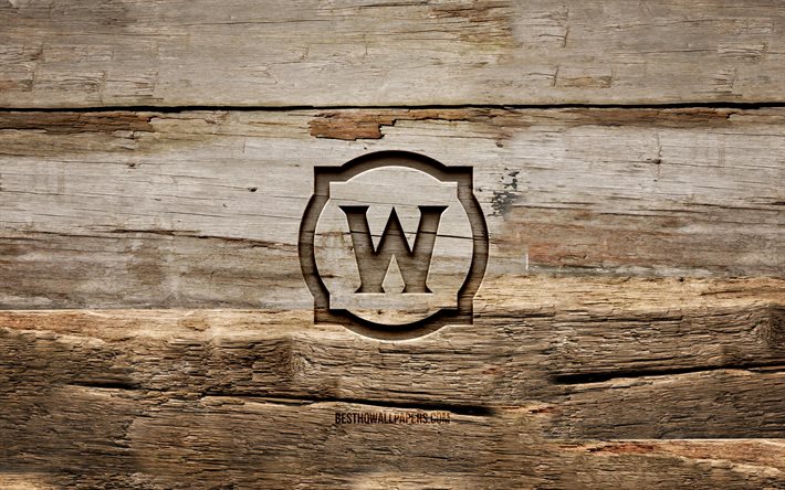 Logo in legno di World of Warcraft, 4K, WoW, sfondi in legno, logo World of Warcraft, creativo, logo WoW, intaglio del legno, World of Warcraft