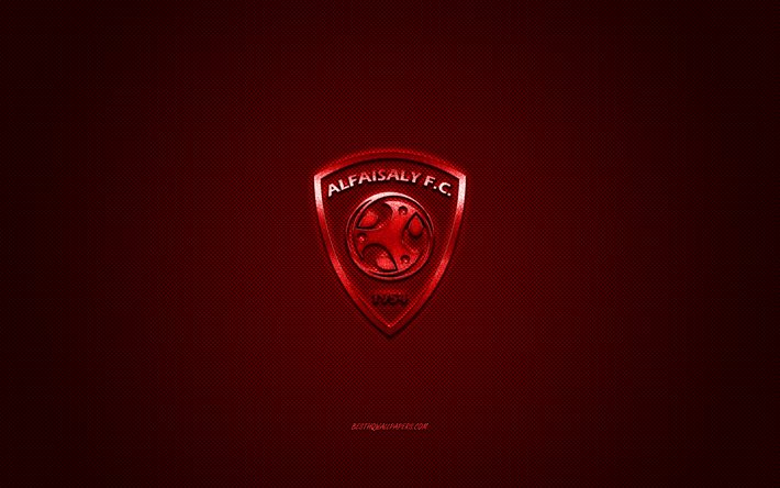 Al Faisaly FC, squadra di calcio saudita, SPL, logo rosso, sfondo in fibra di carbonio rossa, Saudi Professional League, calcio, Harmah, Arabia Saudita, logo Al Faisaly FC