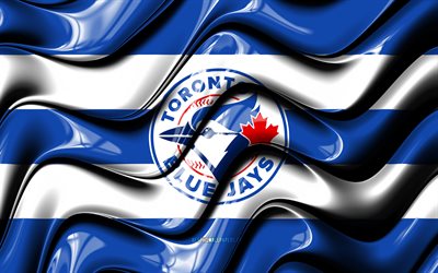 Toronto Blue Jays flag, 4k, blue and white 3D waves, MLB, canadian baseball team, Toronto Blue Jays logo, baseball, Toronto Blue Jays