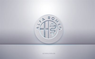 Alfa Romeo 3d white logo, gray background, Alfa Romeo logo, creative 3d art, Alfa Romeo, 3d emblem