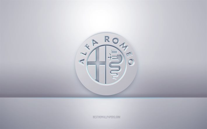 Logo bianco Alfa Romeo 3d, sfondo grigio, logo Alfa Romeo, arte 3d creativa, Alfa Romeo, emblema 3d