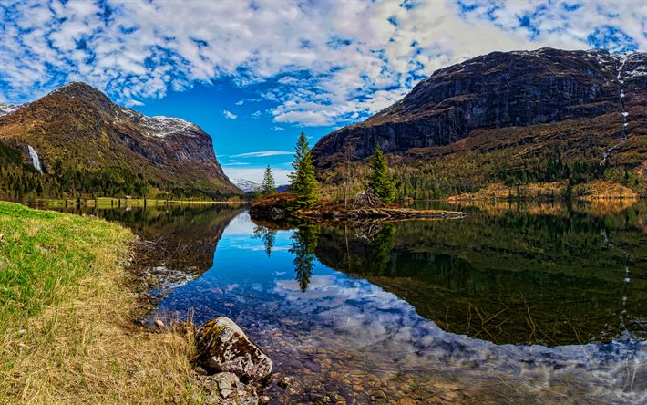 ハルタンガー, 4k, フィヨルド, 山地, 夏。, 美しい自然, ノルウェー, ヨーロッパ