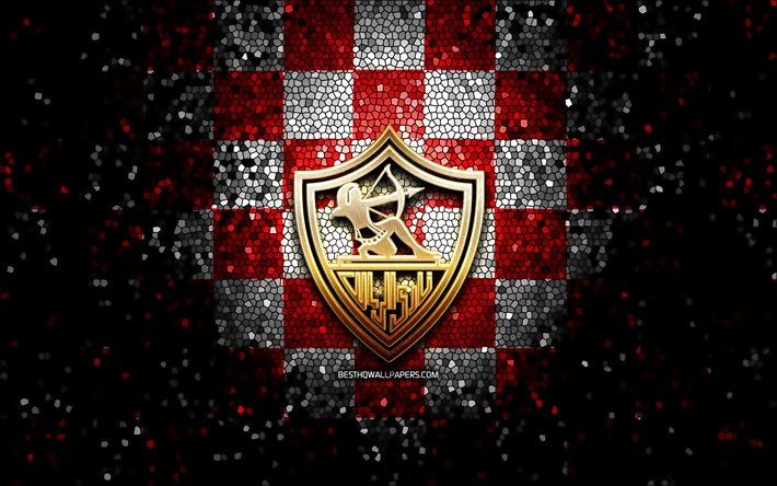 Zamalek SC, glitter logo, Egyptian Premier League, red white checkered background, EPL, soccer, egyptian football club, Zamalek logo, mosaic art, football, Zamalek FC