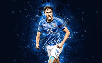 Federico Chiesa, 4k, Italy national football team, soccer, footballers, blue neon lights, Italian football team, Federico Chiesa 4K