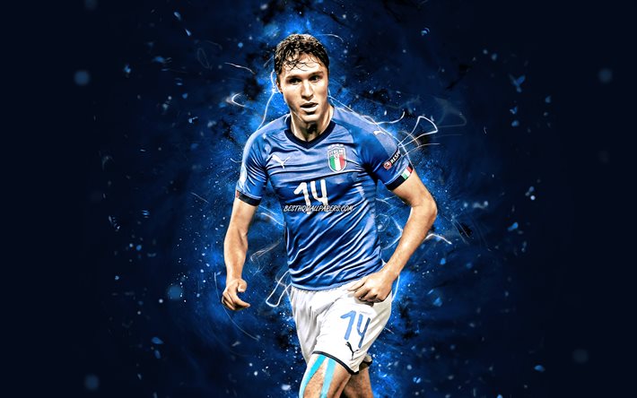 Federico Chiesa, 4k, Italian jalkapallomaajoukkue, jalkapallo, jalkapalloilijat, siniset neonvalot, Federico Chiesa 4K