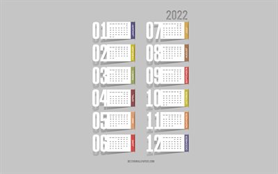2022 Yıl Takvimi, 4k, kağıt elemanları, 2022 Takvim, kağıt sanatı, 2022 tüm aylar takvimi, gri arka plan