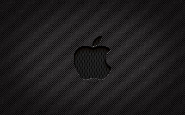 Logo in carbonio Apple, 4k, arte grunge, sfondo in carbonio, creativo, logo nero Apple, logo Apple, Apple