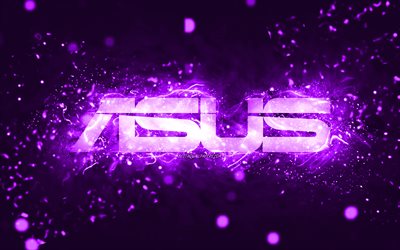 Asus violet logo, 4k, violet neon lights, creative, violet abstract background, Asus logo, brands, Asus