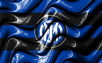 Drapeau de l’Inter Milan, 4k, vagues 3D bleues et noires, Internazionale, Serie A, club de football italien, football, logo de l’Inter Milan, logo internazionale, Inter Milan FC, Inter Milan nouveau logo