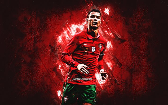 Cristiano Ronaldo, Nazionale di calcio del Portogallo, calciatore portoghese, stella del calcio mondiale, Portogallo, sfondo pietra rossa, calcio