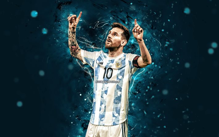 4K, Lionel Messi, 2021, Argentiinan jalkapallomaajoukkue, jalkapallot&#228;hdet, Leo Messi, siniset neonvalot, Lionel Andres Messi Cuccittini, jalkapallo, Messi, Argentiinan maajoukkue, Lionel Messi 4K