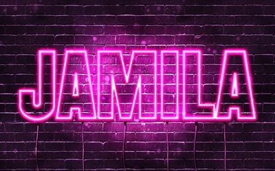 Jamila, 4k, pap&#233;is de parede com nomes, nomes femininos, nome Jamila, luzes de n&#233;on roxas, Feliz Anivers&#225;rio Jamila, nomes femininos &#225;rabes populares, imagem com o nome Jamila