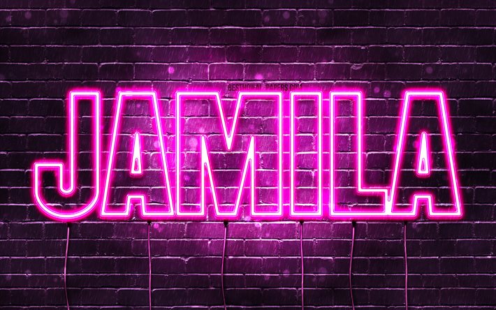 Jamila, 4k, sfondi con nomi, nomi femminili, nome Jamila, luci al neon viola, buon compleanno Jamila, nomi femminili arabi popolari, foto con nome Jamila