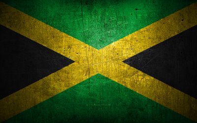 Jamaican metal flag, grunge art, North American countries, Day of Jamaica, national symbols, Jamaica flag, metal flags, Flag of Jamaica, North America, Jamaican flag, Jamaica