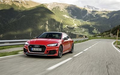 Audi RS5 Coup&#233;, 4k, les montagnes de la route, 2018 les voitures, les etats-unis, les voitures allemandes, rouge RS5, Audi