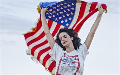 Lana Del Rey, Portrait, American singer, American flag, USA