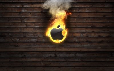 fire, Apple, wooden background, logo, creative