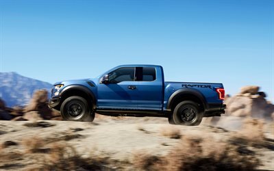 Ford F-150 Raptor, 2017, Blue pickup F-150, desert, American cars, driving through the sand, Ford