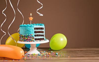 Happy Birthday, Colorful ballones, Birthday cake, dessert, candles, decoration