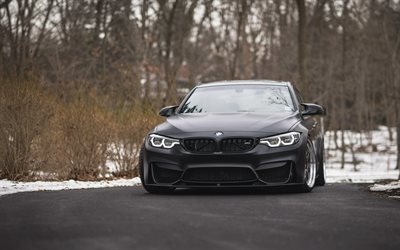 BMW M3 F80, 2018, nero berlina sportiva, vista frontale, fari, nero opaco M3, M3 tuning, auto tedesche, BMW