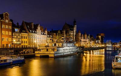 Gdansk, la noche, las luces de la ciudad, ciudad de polonia, linternas, terrapl&#233;n, Polonia
