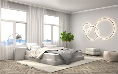 modern interior design bedroom, stylish bedroom, gray style, minimalism, gray color in the bedroom, large bed