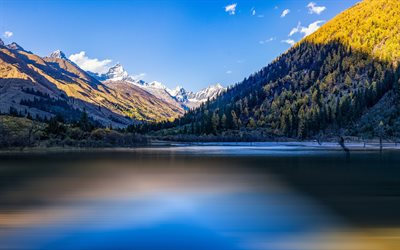 Yamdrok Lake, 4k, mountains, chinese landmarks, Tibet, China, Asia