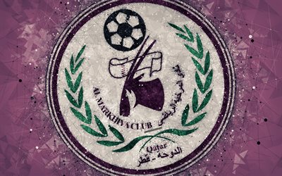 Al-Markhiya SC, 4k, arte geom&#233;trica, Qatar futebol clube, logo, fundo roxo, criativo emblema, arte, A Qatar Stars League, Doha, Catar, Q-League, futebol