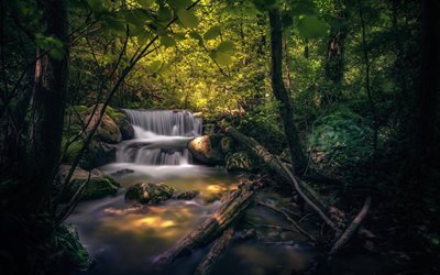 forest river, waterfall, evening, sunset, Spain