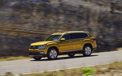 Volkswagen Atlas, 2018, front view, exterior, large SUV, new gold Atlas, German cars, road, speed, Volkswagen