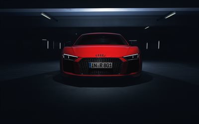 4k, Audi R8 V10 Plus, aparcamiento, 2018 coches, vista de frente, supercars, rojo R8, Audi