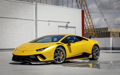 Lamborghini Huracan, 2018, 4k, jaune voiture de sport, VAG, Performante, Jaune Huracan, de luxe, de r&#233;glage, supercar, nouveau jaune Huracan, l&#39;italien de voitures, Lamborghini