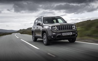 Jeep Renegade Trailhawk, 4k, route, 2019 voitures, Suv, gris Renegade, 2019 Jeep Renegade, des voitures am&#233;ricaines, Jeep