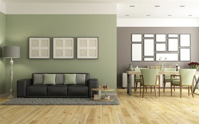 elegante verde grigio interni, soggiorno, arredamento di design, lo stile del minimalismo