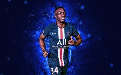 Stanley Nsoki, 4k, season 2019-2020, french footballers, defender, PSG, neon lights, Stanley Pierre Nsoki, soccer, Ligue 1, football, Paris Saint-Germain