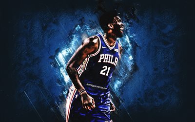 Joel Embiid, Philadelphia 76ers, Cameroon basketball player, portrait, blue stone background, NBA, USA, basketball