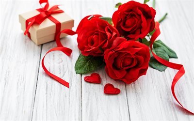 des roses rouges, romantique, cadeau, coeur rouge, saint Valentin, 14 f&#233;vrier, deux coeurs